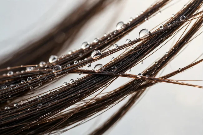What Is Low Porosity Hair - water droplets beading on hair strands