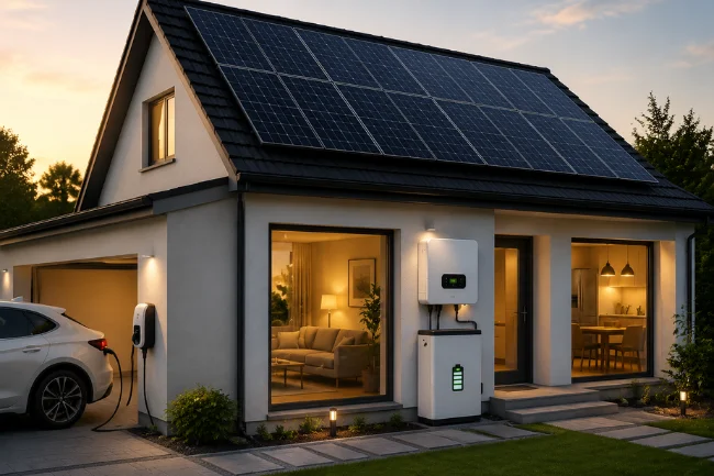 HMS Photovoltaik home solar system with EV charger and battery storage at modern house