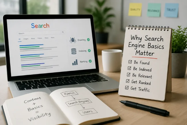 Search Engine Basics SEO workspace concept search ranking indexing illustration