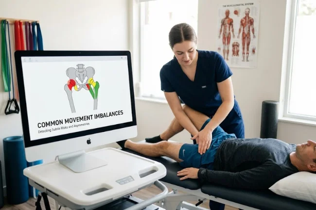 Physiotherapist evaluating movement imbalances.